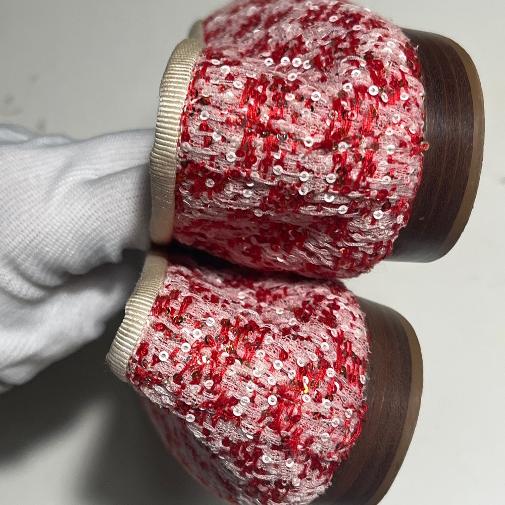 CHANEL Red Tweed & White Leather CC Bow Ballet Flats - Picture 3 of 13